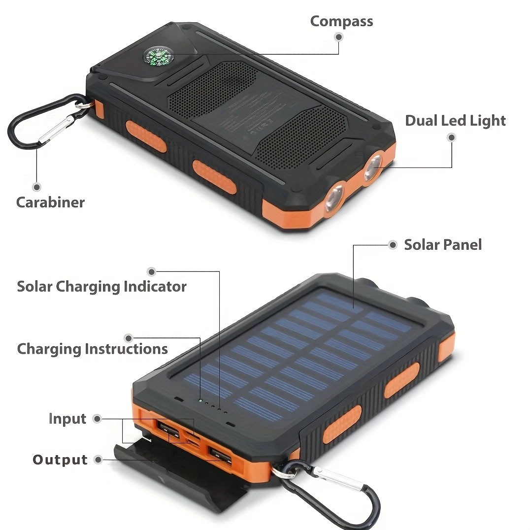 Повербанк-сонячна батарея 10000mAh (Чорний / Помаранчевий) Повербанк-сонячна батарея 10000mAh (Чорний / Помаранчевий)